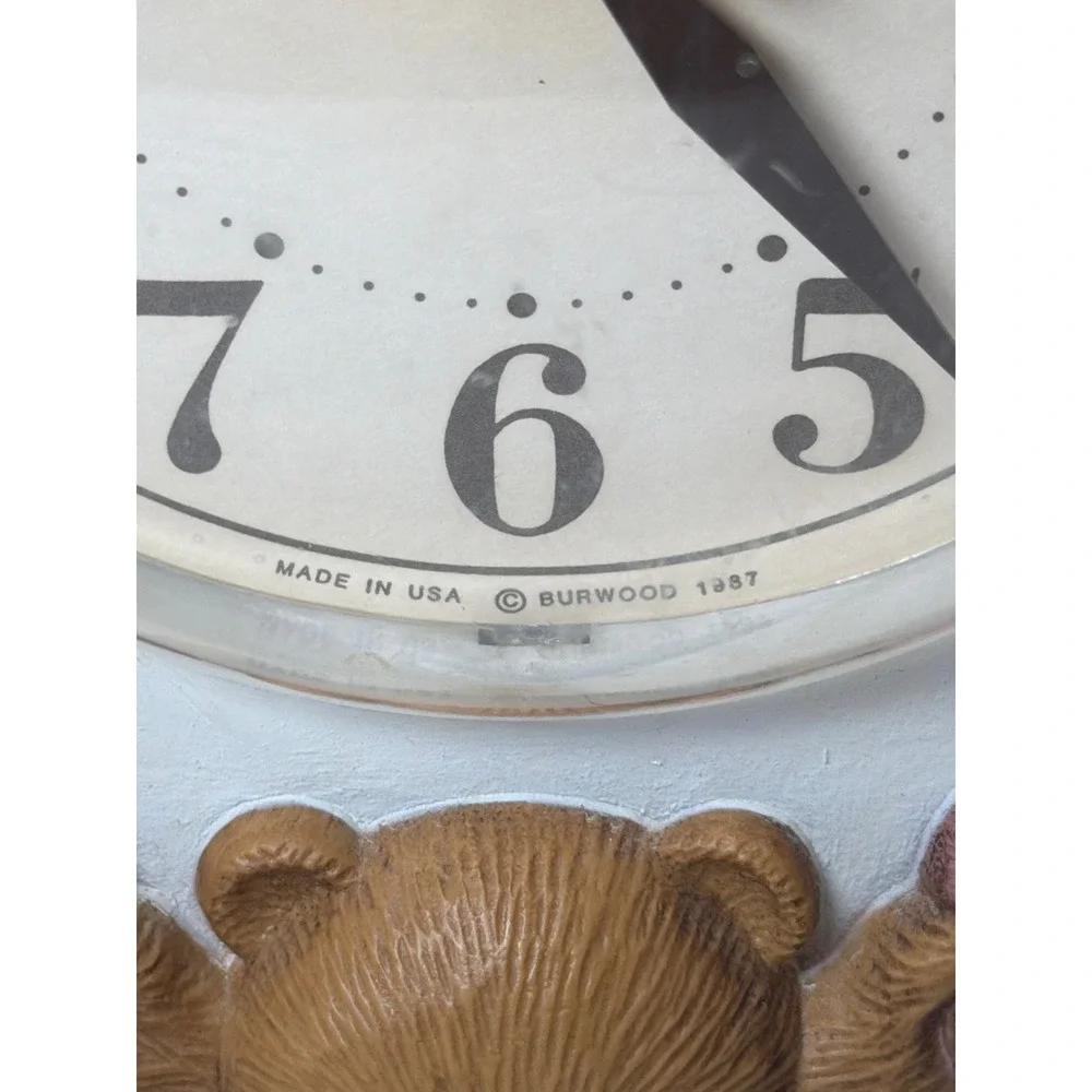 Burwood Homco Wall Clock Teddy Bear Family 1987 Nursery Decor Brown Blue USA
